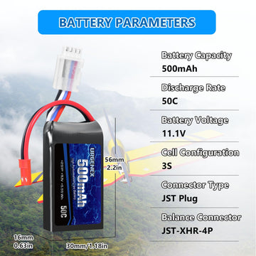 URGENEX 11.1V 500mAh Lipo Battery 3S 50C High Discharge Rate RC Battery Pack with JST Plug Rechargeable Lipos for RC Airplane Ra