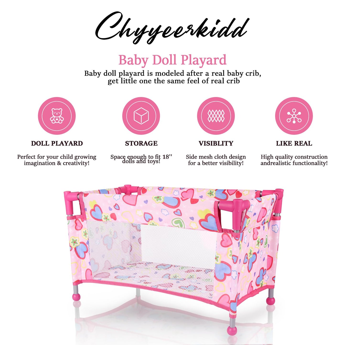 Chyyeerkidd Toy Baby Doll Crib For 18'' Dolls, Cute Pink Heart Designed Baby Doll Bed With Carry Bag, Toy Crib Doll Furniture Fo