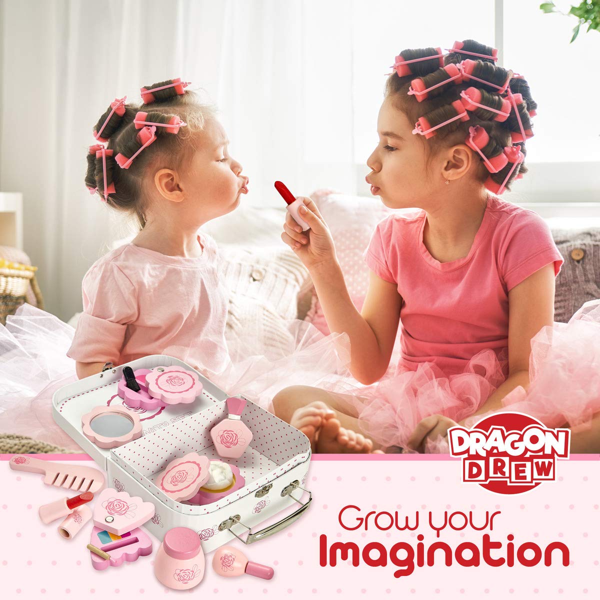Dragon Drew Wooden Toy Beauty Set - 10 Piece Kit - Girls Salon Set with Makeup, Brush, Mirror and Cosmetics Case - 100% Natural