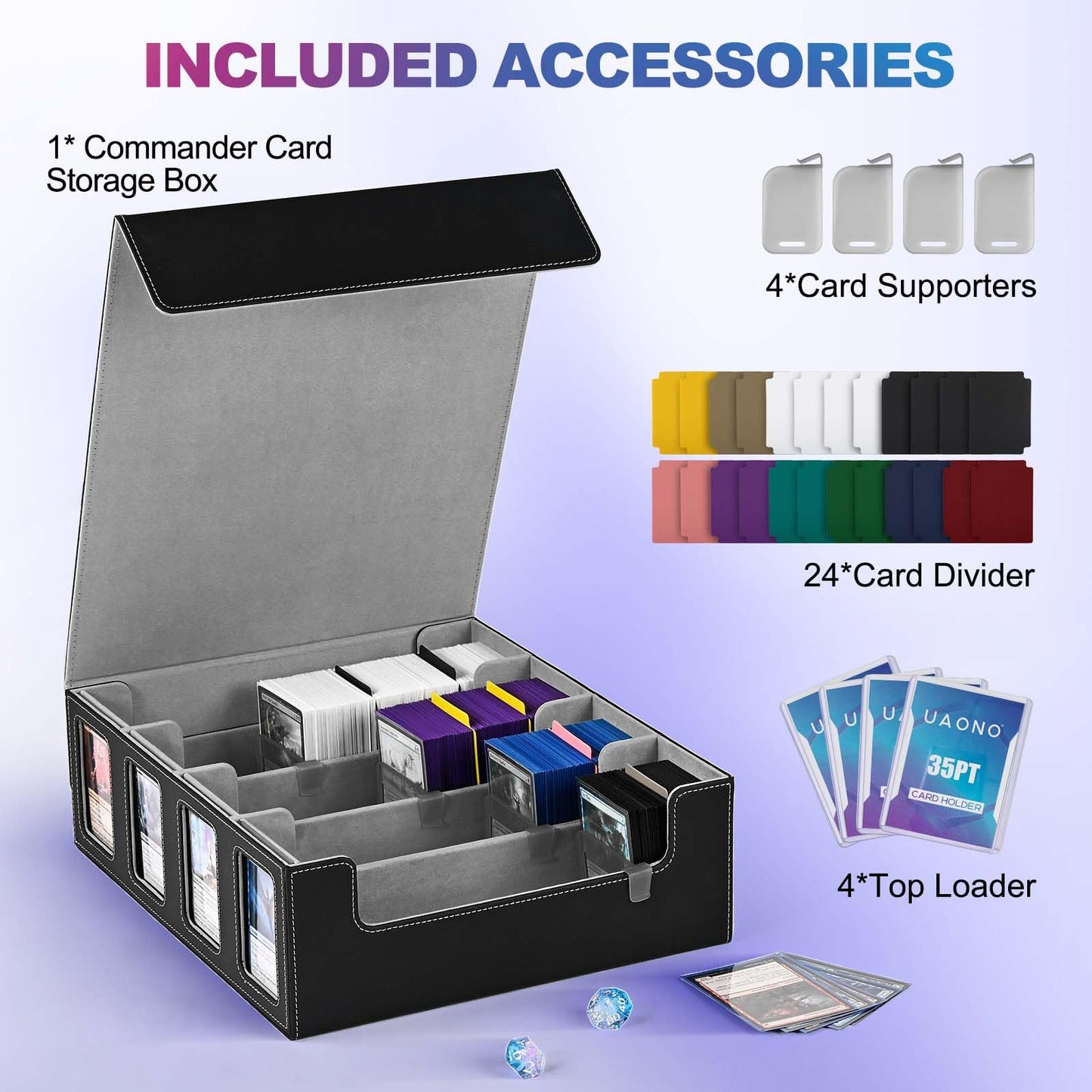 Uaono Trading Card Storage Box With Commander Display; 2400+ Deck Box For Mtg With Removable Cover; Toploader Card Case Fits Magic Tcg Ptcg Sports Cards; 24 Dividers, 4 Stoppers (Black, Grey)