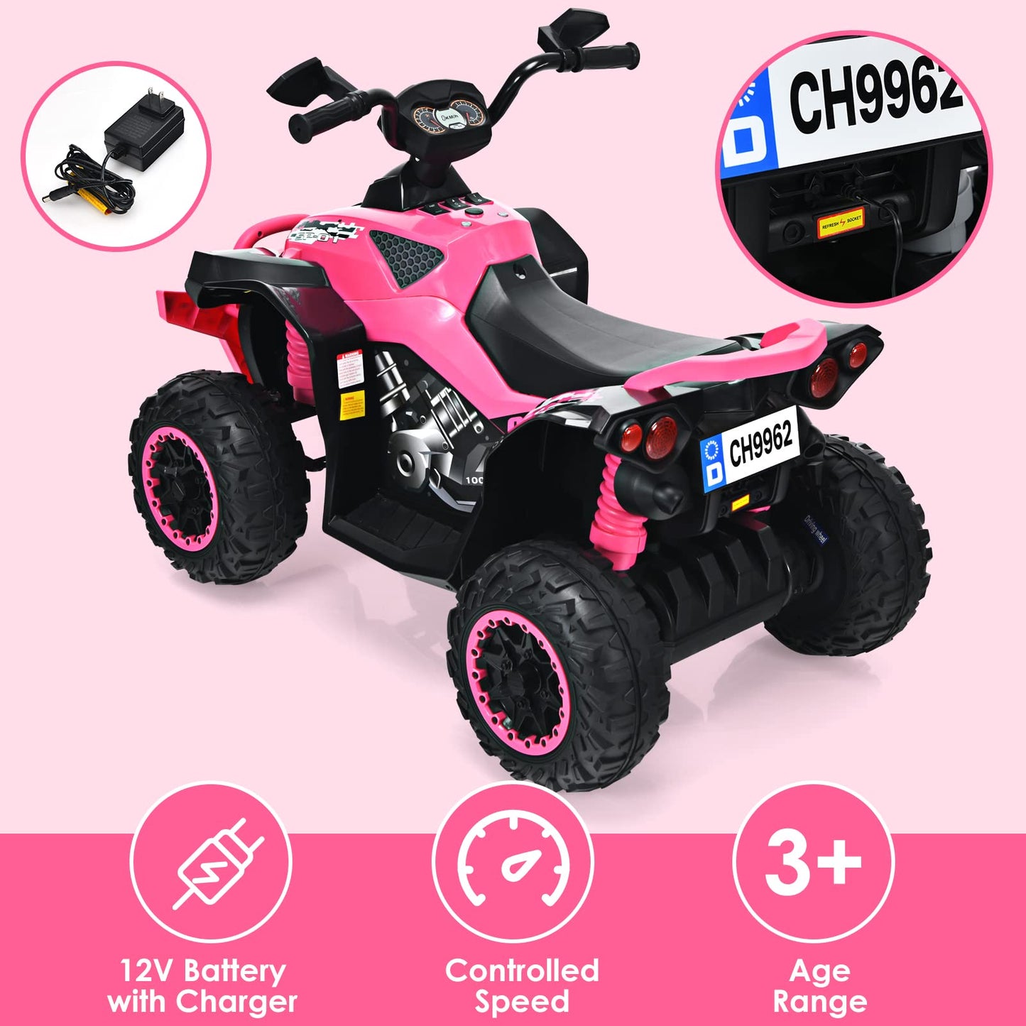 Olakids Ride On Atv, 12V Kids 4 Wheeler Battery Powered Toy Car For Toddlers, Electric Rear Motorized Quad Vehicle For Boys Girl
