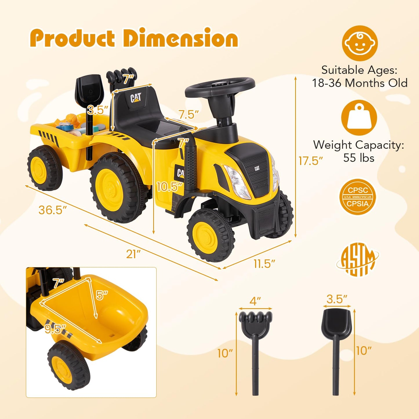 Costzon Kids Ride-On Tractor, 2-in-1 Push Car with Detachable Trailer, Yellow & Black, Large, Polypropylene, No Power