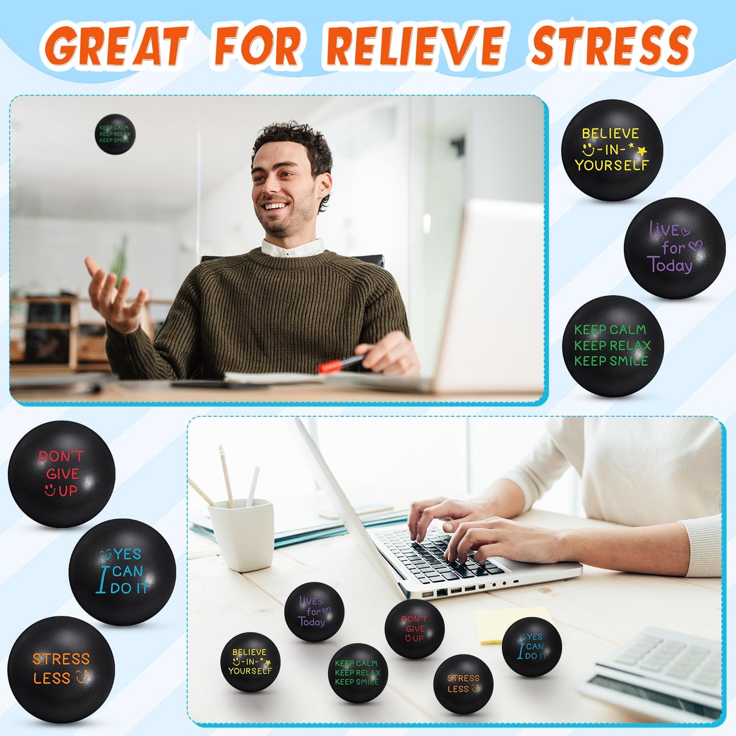 Glimin 48 Pcs Motivational Stress Balls Bulk 1.97 Inch Black Inspirational Quotes Stress Balls with Drawstring Bag to Relieve An