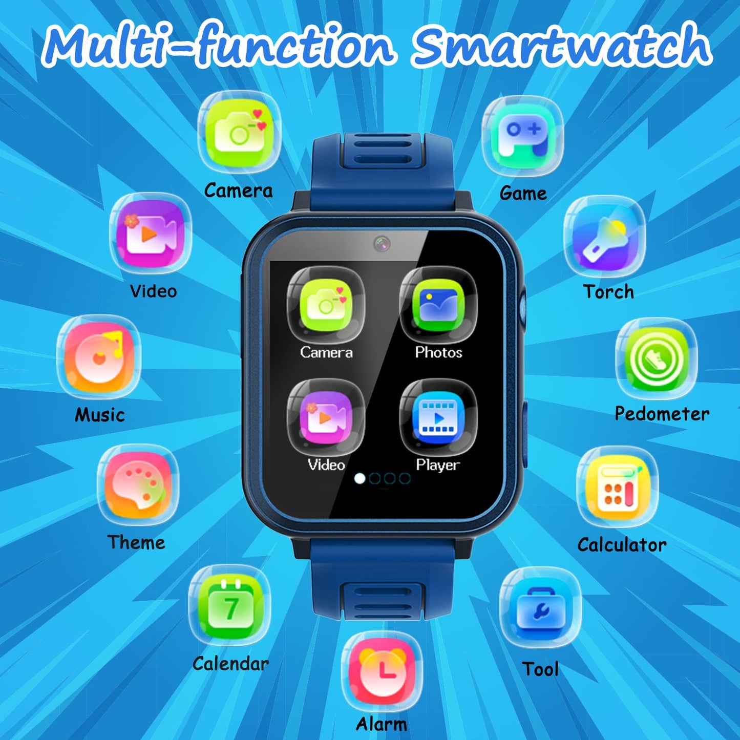 Wiszodet Kids Smart Game Watch With 24 Games Hd Touch Screen Video Camera Music Player Pedometer Flashlight Alarm Clock 12/24 Hr, Gifts For 5-12 Year Olds Boys