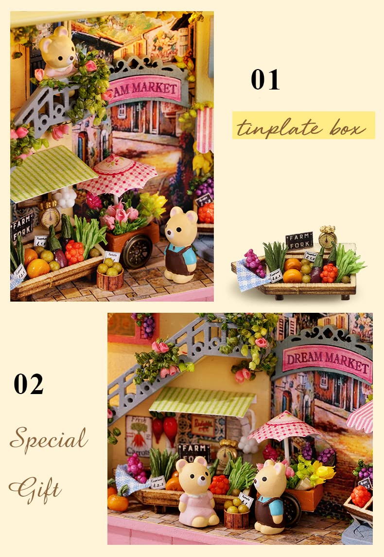 Kisoy Dollhouse Miniature with Furniture Kit Handmade DIY House Model for Teens mature-themed Gift (Lucky Market)
