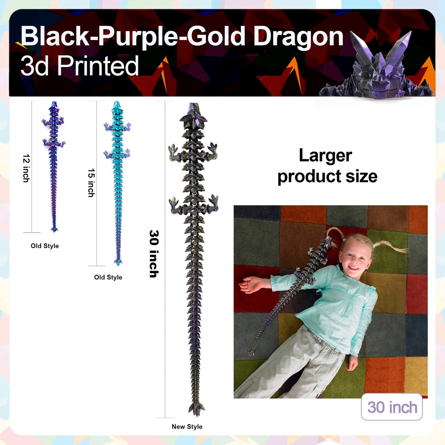 Meet Gladness 30 In 3D Printed Dragon, 30Inch Dragon,3D Dragon Toy,Large Dragon Present,Ariculated Crystal Dragon(Black Purple G