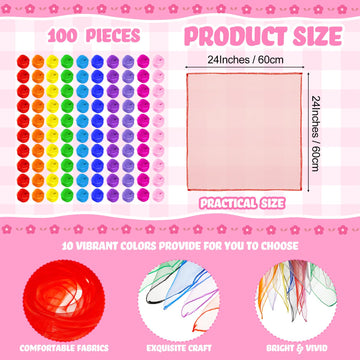 Toulite 100 Pcs Square Dance Scarves Bulk Juggling Play Silks Scarves 24 X 24 Inches Music Movement Dancing Performance Props Ac