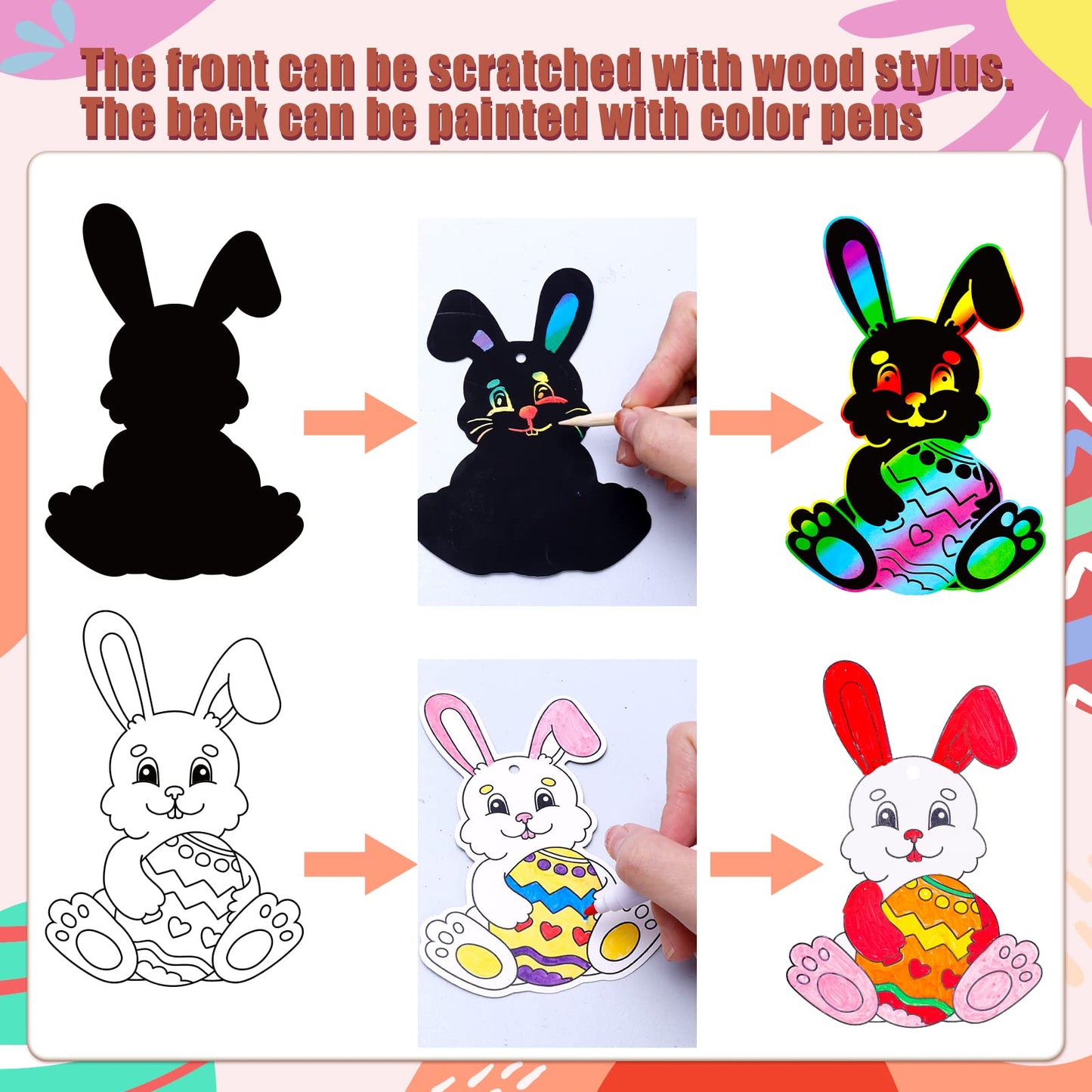 Max Fun Easter Crafts Kit Rainbow Color Scratch Paper Easter Ornaments (48 Counts)-Easter Craft Kit for Kids Easter Basket Stuff