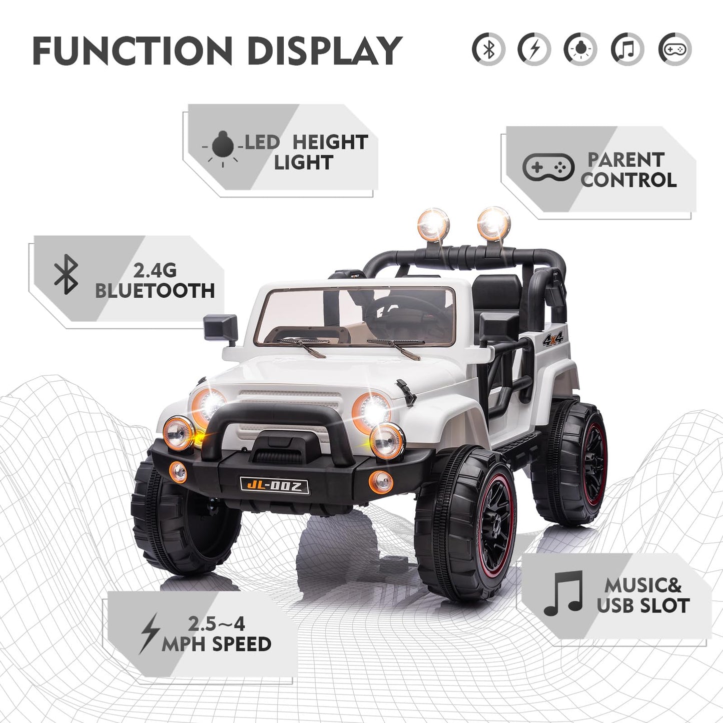 2 Seater Ride On Truck And Car Cover, 12V Children'S Electric Car With Parental Remote Control, Music, Mp3 Player, Led Lights, Spring Suspension, White