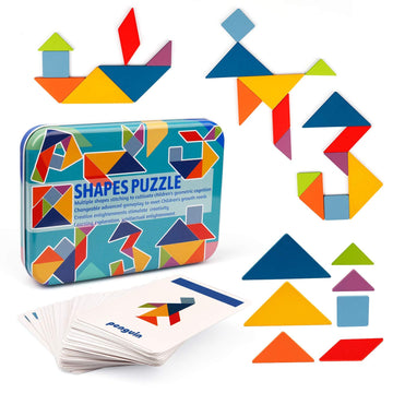 Vanmor Wooden Tangrams Set - Educational Shape Card Puzzles for Kids 4-8, Travel Games, Model VM-WT002-CA, Perfect for Road Trips
