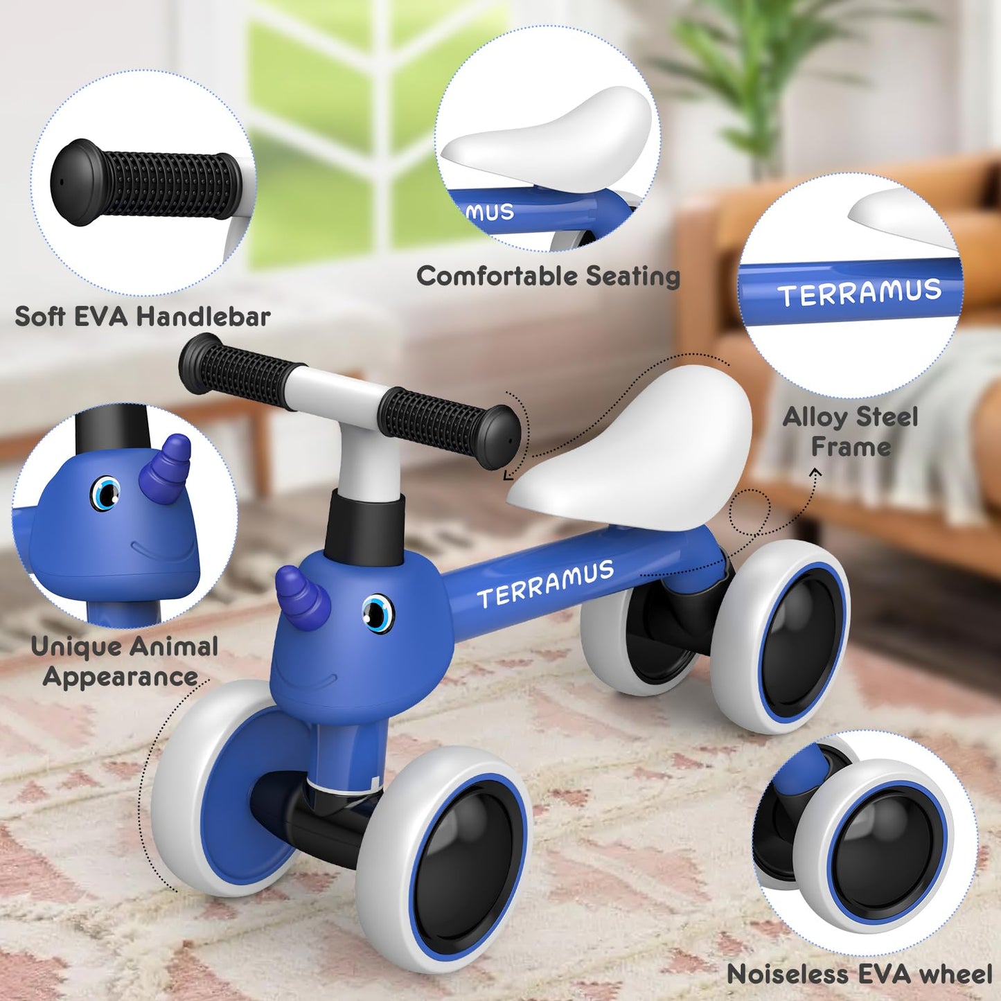 TERRAMUS Baby Balance Bike for 1 Year Old Gifts Boys Girls - Toys for 12-24 Month Toddler Balance Bike, No Pedal 4 Wheels Infant
