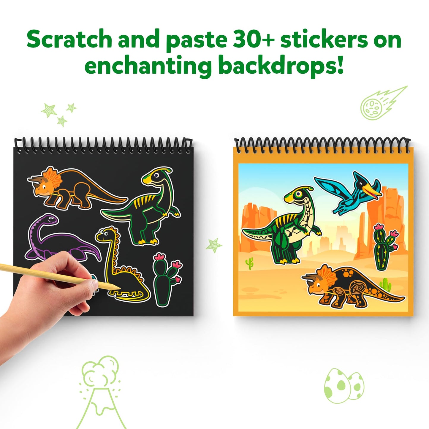 Skillmatics Scratch Art Book For Kids - Dinosaurs, Craft Kits & Supplies, 30+ Scratch Stickers, Travel Toys, Diy Kit, Gifts For Boys & Girls Ages 3, 4, 5, 6, 7, 8