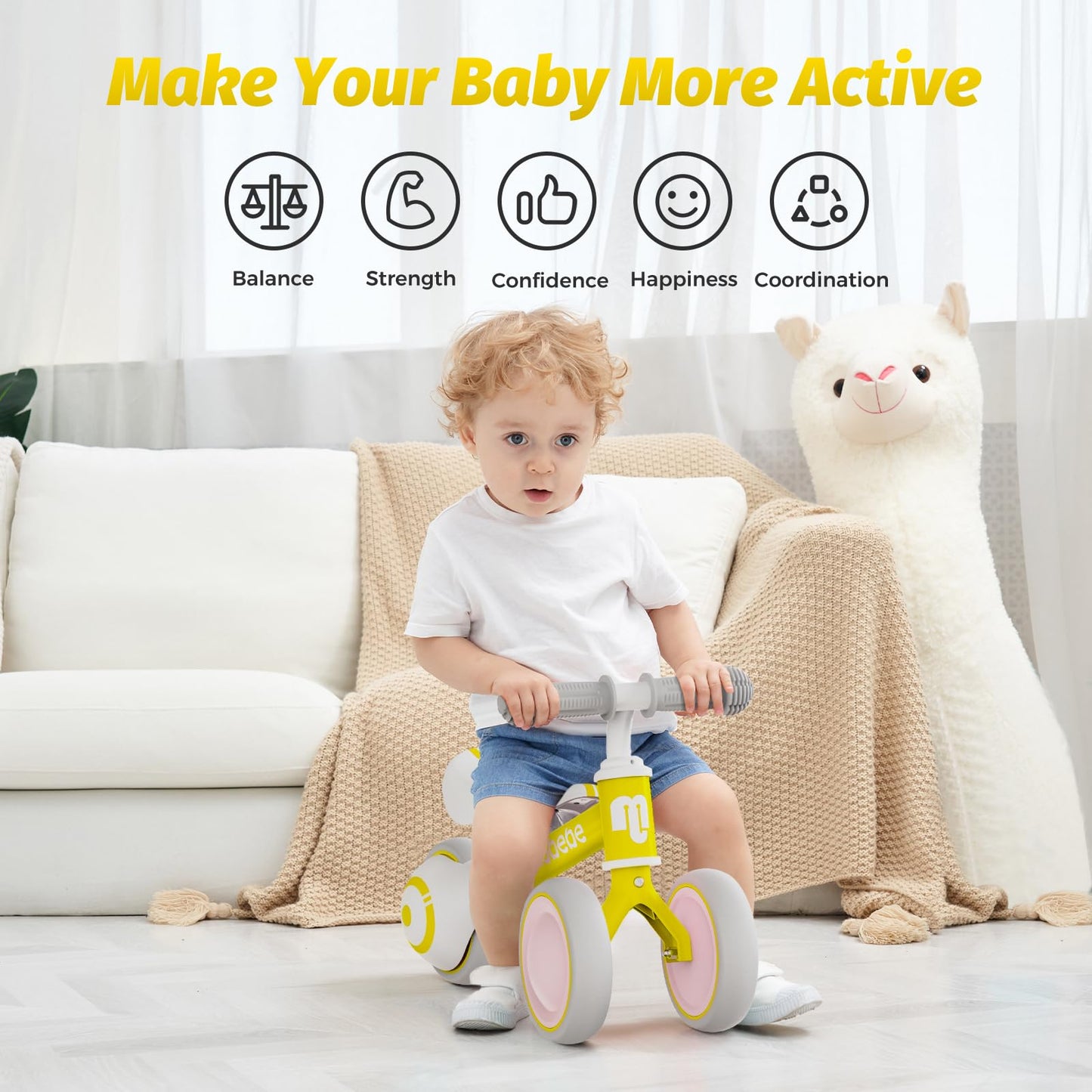 Allobebe Baby Balance Bike, Toddler Bikes Bicycle For 12-36 Months For 1 Year Old Girl And Boy To Scoot Around With Adjustable Seat Smooth Silent 3 Wheels, Shining Yellow