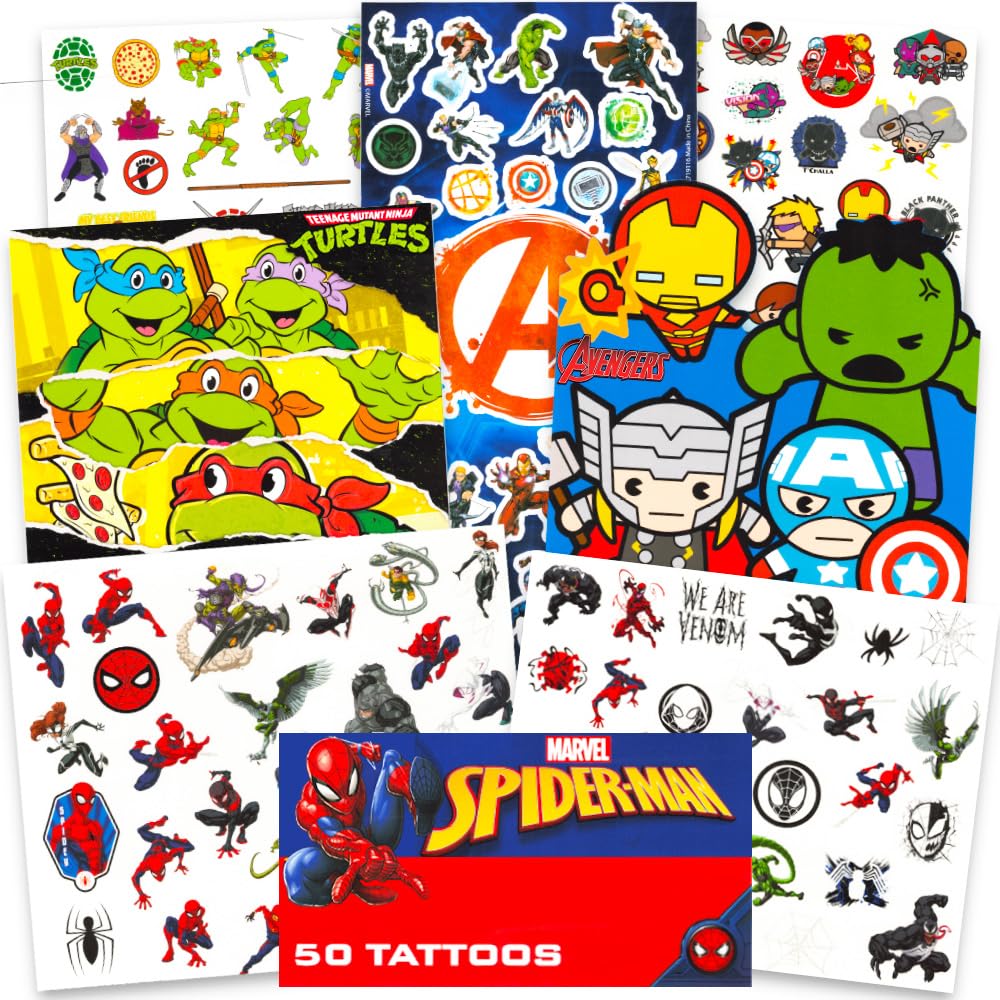 Marvel Super Hero Temporary Tattoos Set - 150 Avengers & Ninja Turtles Tattoos with Reward Stickers - Fun Party Favors