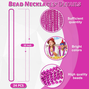 24PCS Bead Necklace, 33'' Rose Red Bead Necklaces Bulk, Mardi Gras Beads Necklace Costume Bulk, Festival Parade Throw Accessorie