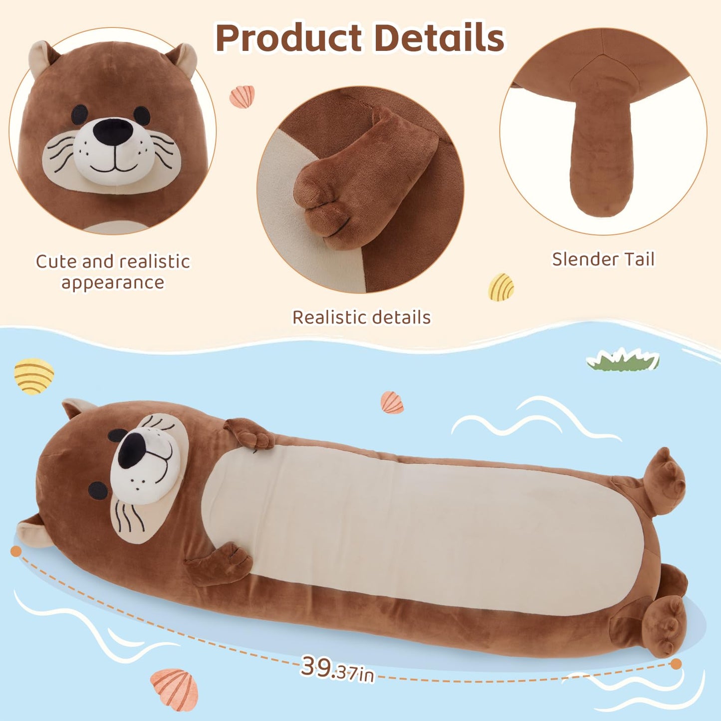 Tezituor Long Otter Plush Pillow,39.5'' Giant Otter Stuffed Animal Soft Cuddly Sea Otter Long Body Pillow Sleeping Hugging Case