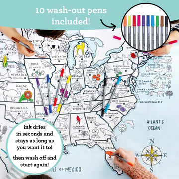 Eatsleepdoodle Coloring Tablecloth For Kids W/ 10Pk Washable Markers For Kids - 50X33In Us Map Giant Coloring Poster - Kids Coloring Tablecloth Ultra Washable & Reusable Arts And Crafts For Kids