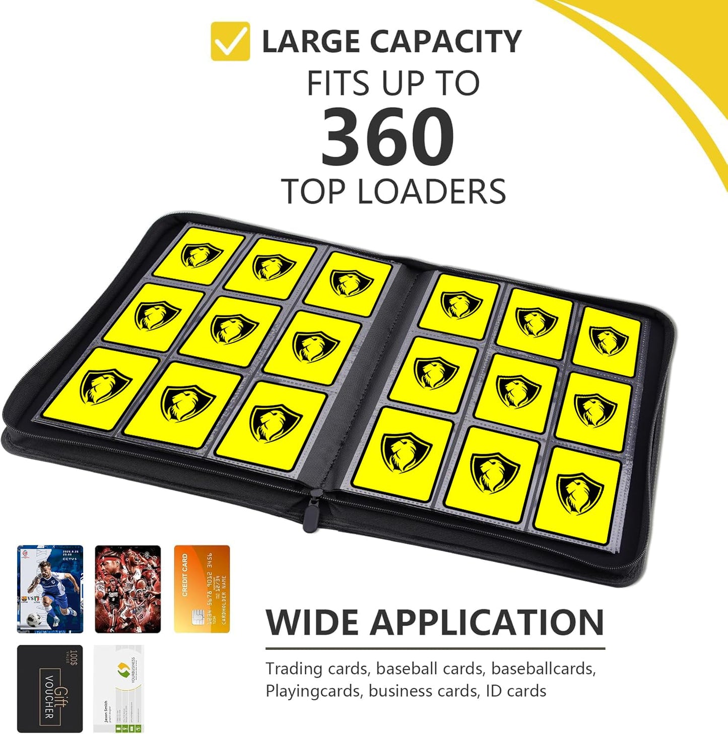 Trading Card Binder 9 Pocket 360 Pockets Trading Card Holder Book enhanced PU Cover Zip Folder Binder Side Loading Carrying Case Binder Album for TCG MTG Sports Cards Game Cards (Black)