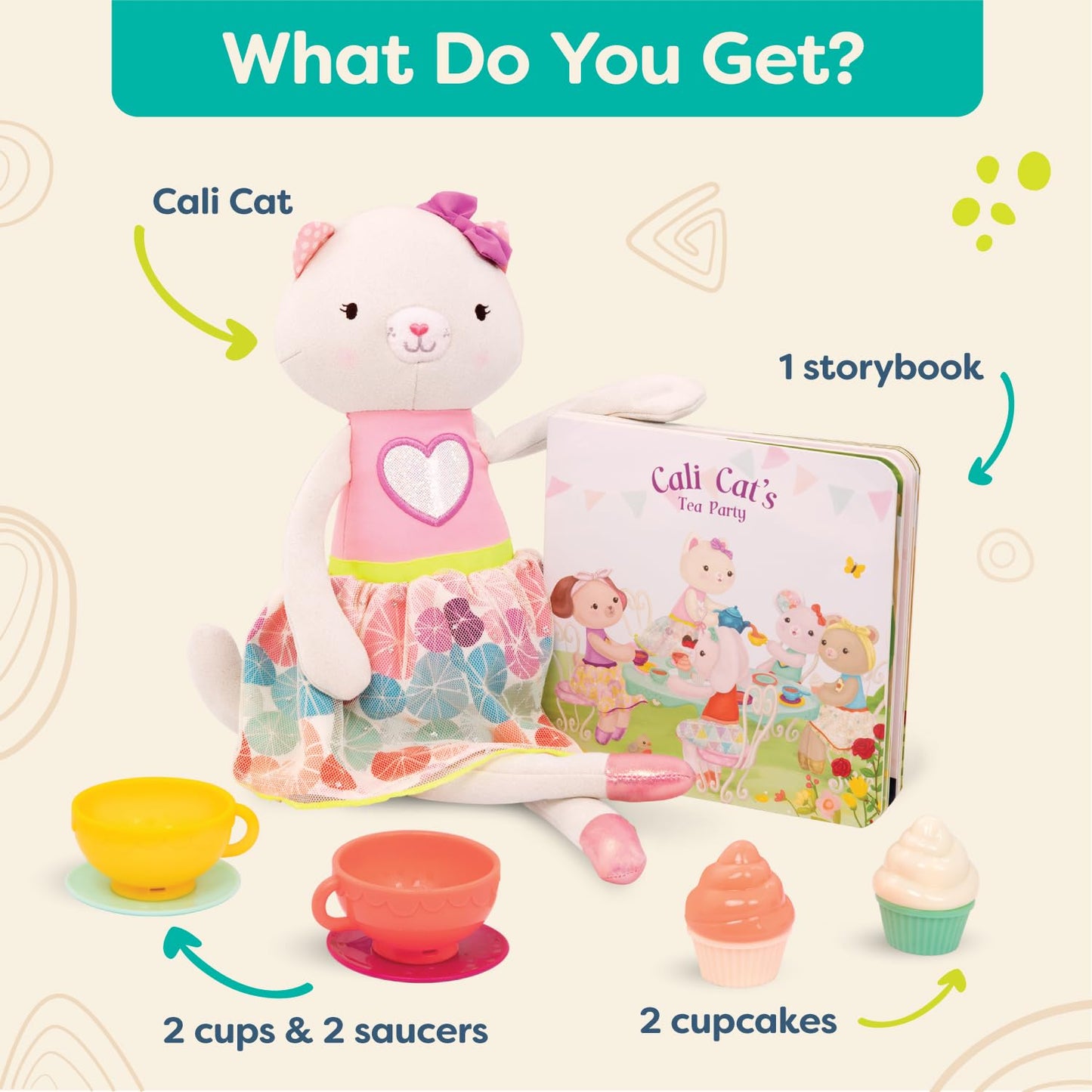 B. Toys- Tippy Toes- Cali Cat- Plush Cat Playset- Pretend Play – Tea Party Set – Plush Cat Doll – Board Book – Cups & Play Food – 2 Years +