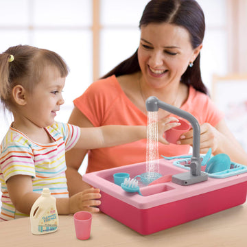 CUTE STONE Color Changing Play Kitchen Sink Toy - Electric Dishwasher with Running Water, Pink, Model CS-XSC-P-NEW
