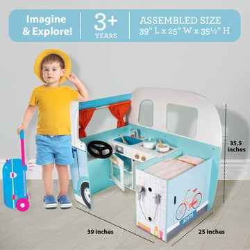 Wooden Play Camper Van Toy Playset w Steering Wheel, Kitchen w Stove, Oven, Bed, Pillow, Pretend Shower, Curtains, Personalizati