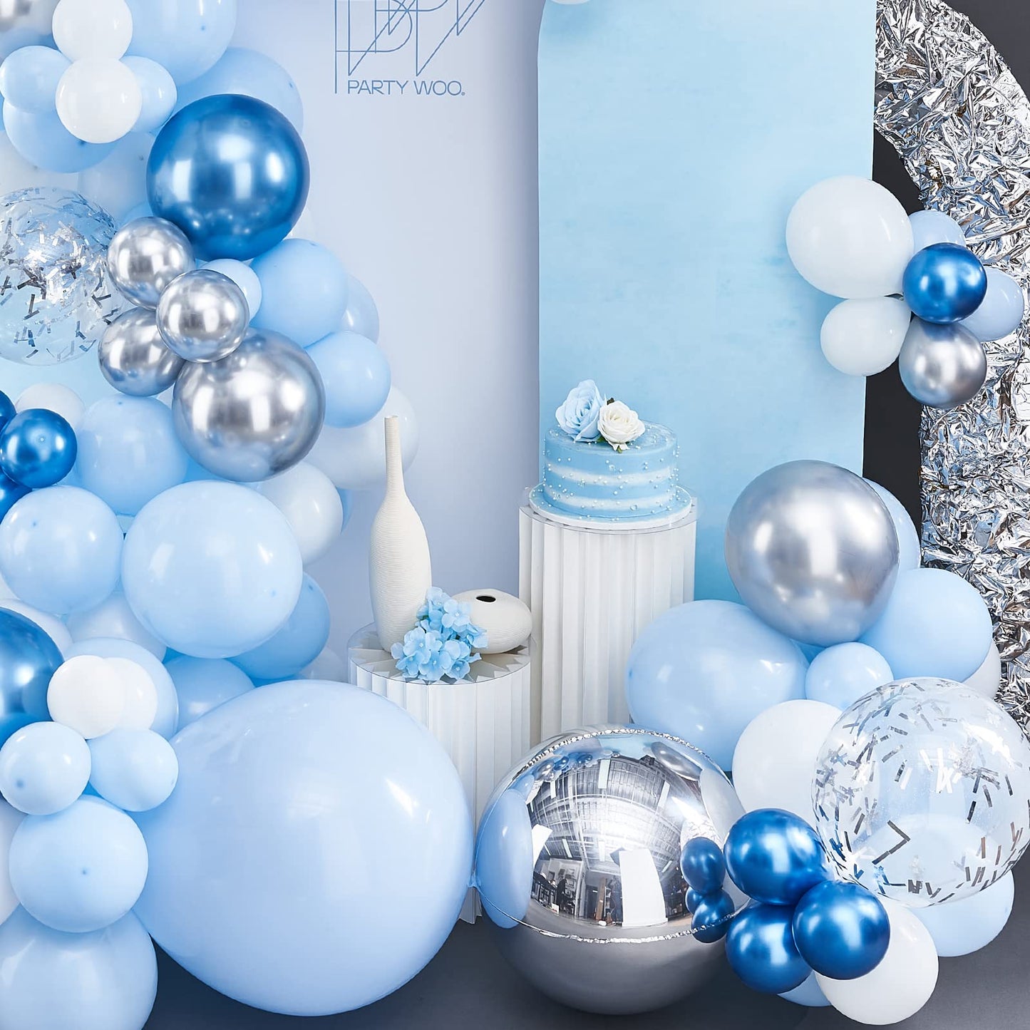 Partywoo Blue Balloon Garland Kit, 140 Pcs Blue And White Balloon Arch Kit, 4D Silver Balloons, Metallic Balloons, Confetti Balloons For Baby Shower Decorations, Birthday Decorations, Baptism