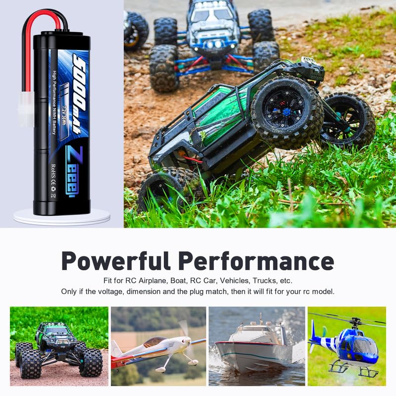 Zeee 7.2V 5000mAh NiMH Battery with Tamiya Plug 6-Cell Rechargeable Battery Pack High Power for RC Car Truck Truggy Buggy Associ