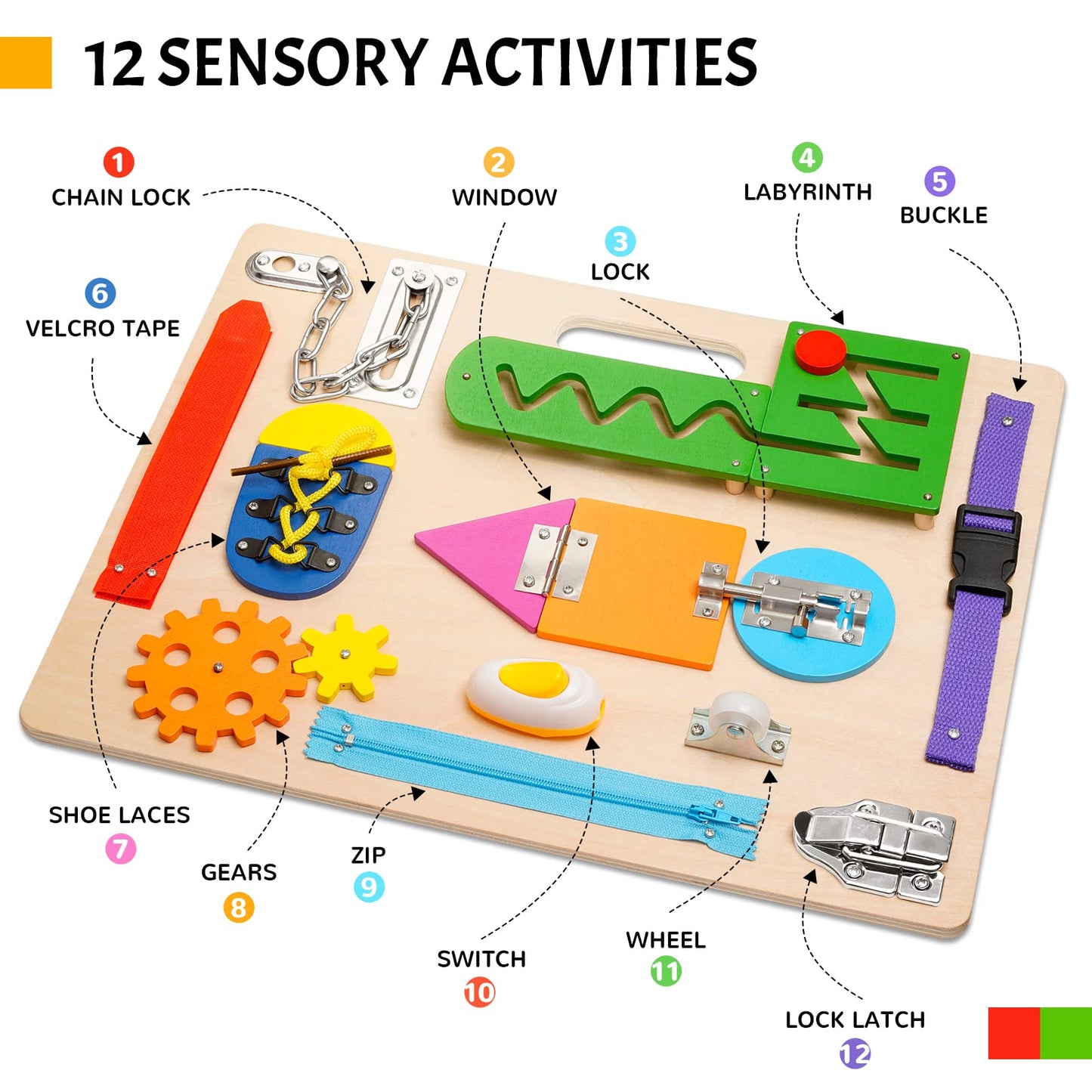 Montessori Busy Board For Toddlers, Wooden Sensory Toys, Preschool Learning Activities For Fine Motor Skills Travel Toy, Basic Life Skills Educational Gifts For 1 2 3 Years Old Kids Boys Girls