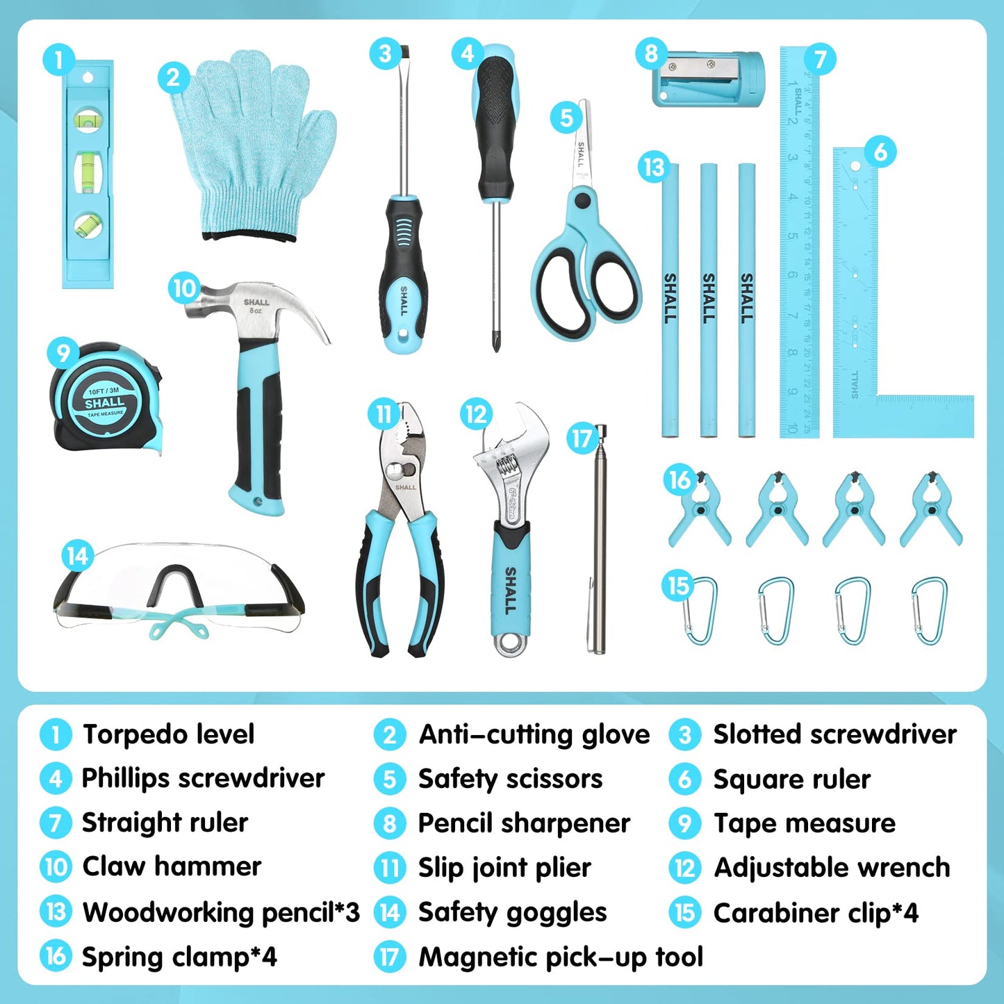 SHALL 26-Piece Kids Size Tool Set, Real Tools Kit for Kids with 12'' Tool Bag, Safety Certified Children Learning Tool Set with