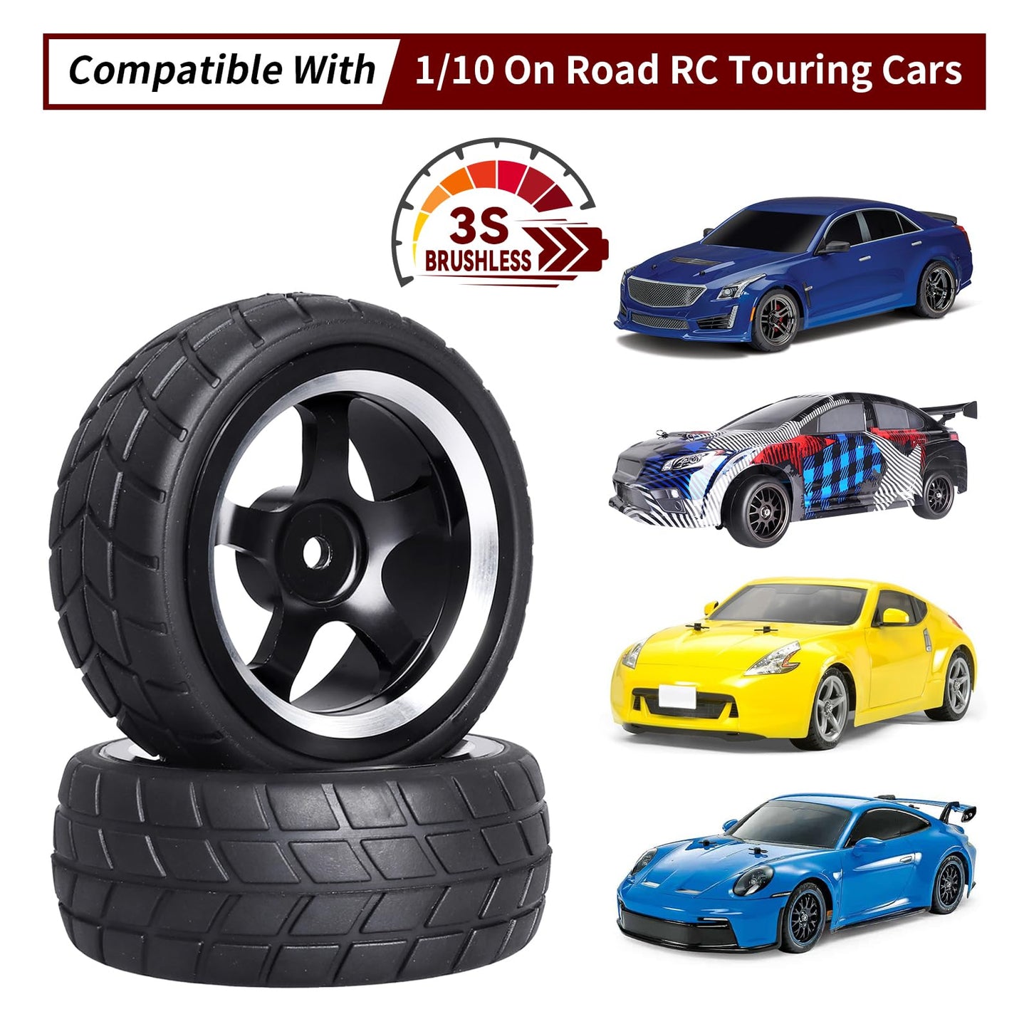 CrazyHobby Preglued On-Road Tires and Wheels Aluminum Wheel Rims 12mm Hex Hub for 1/10 Traxxas 4Tec HPI RS4 Tamiya TT01 TT02 HSP