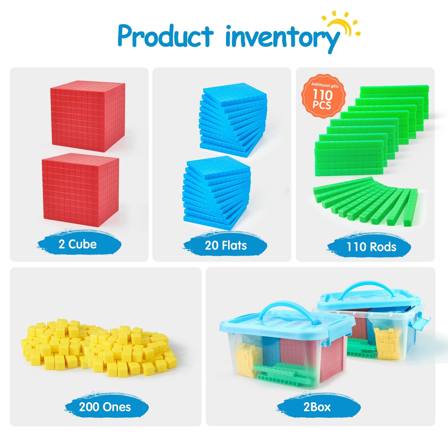 Tommyhome 334 Pcs Base Ten Blocks Set,Contains 110 Rods Counting Cubes To Help Kids Learn Maths. 2 Boxes-Pack.(2)