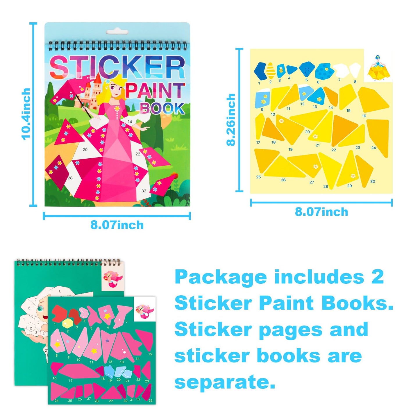 Crafts For Kids Ages 4-8 Sticker Paint Books, Princess And Mermaid Sticker Book Stickers For Kids Girls Birthday Easter Party Favor, Road Plane Travel Activity Books(Princess-Mermaid)