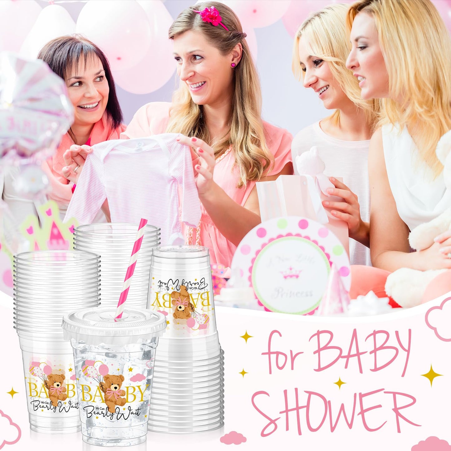 Foldtier 50 Pcs Baby Shower Party Disposable Plastic Cup 12 Oz Pink Bear Cups Thick Clear Cup Lids Straws Baby Shower Party Supp