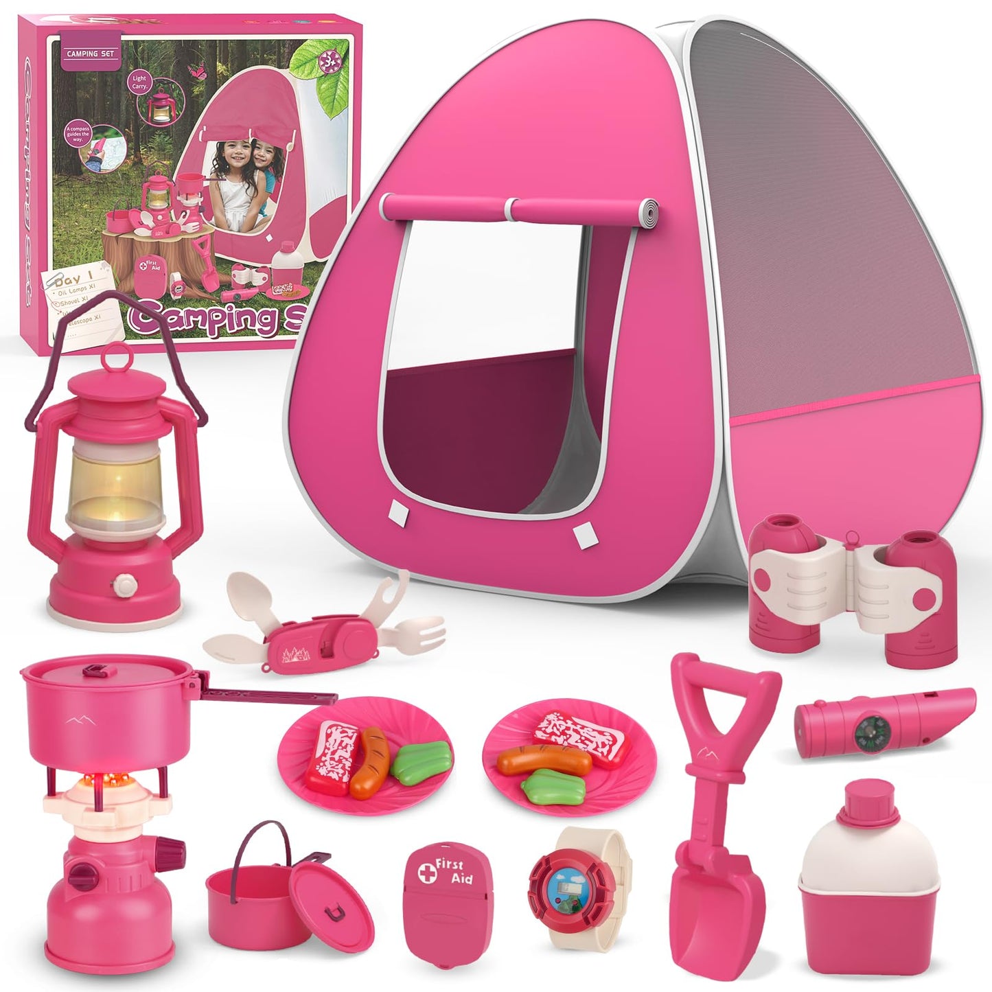 Kids Camping Set With Tent - Pop Up Tent Kids Play Tent Outdoor Toys Camping Tools Set Gift For Girls Age 3 4 5 6 Year Old Birthday Christmas -Like New