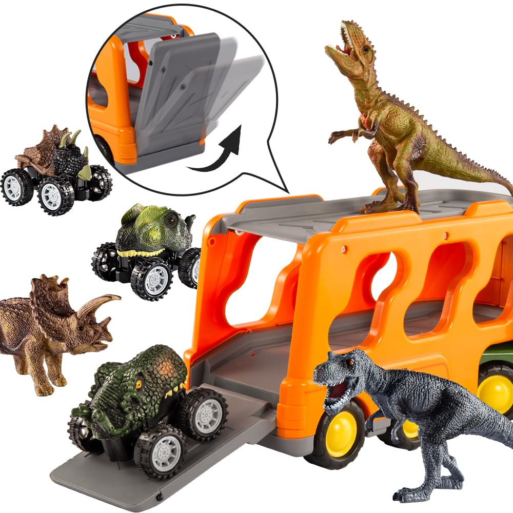 Temi Dinosaurs Truck Toys For Boys Kids 3-5 Years, Transport Car With 3 Dinosaur Figures And 3 Monster Cars, Friction Powered Toy Vehicle In Carrier With Light And Sound, Toddler Play Gifts Set