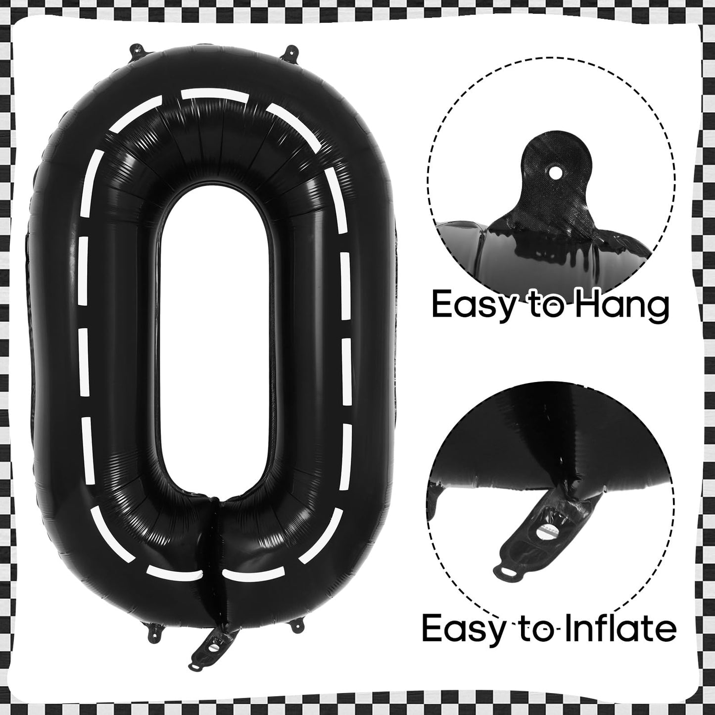 Race Car Birthday Balloons, Racetrack Number 0 Balloon, 40 Inch Large Foil Black 0 Balloon For Birthday Race Car Themed Party De
