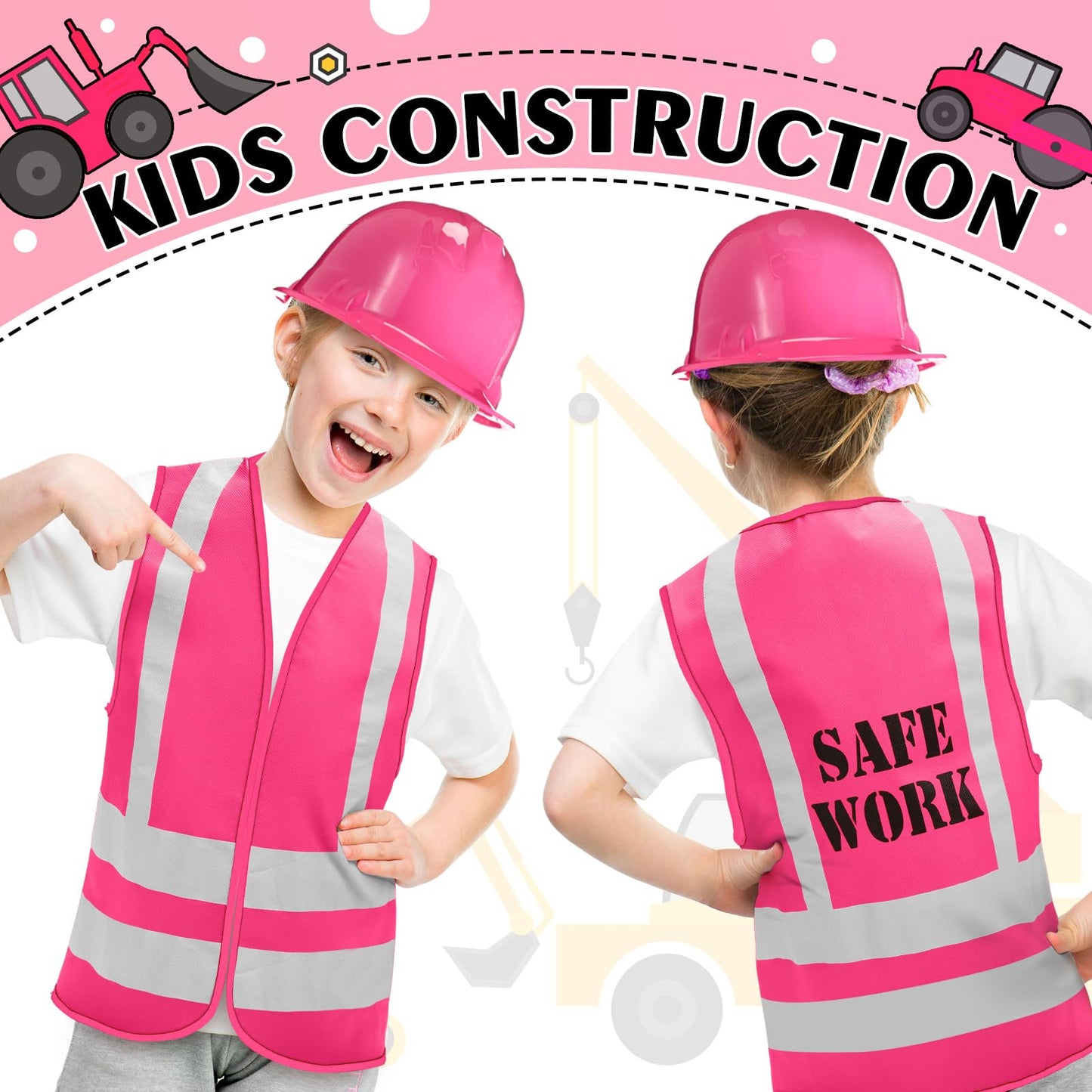 Geyoga 48 Pieces Construction Birthday Party Supplies Construction Party Favor Kids Construction Vest Hat And Bag Costume(Pink)