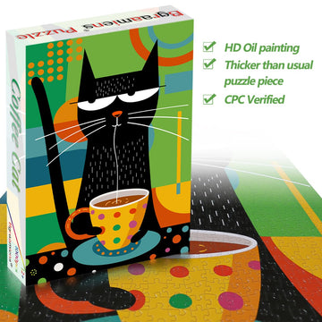 Bgraamiens Coffee Cat 1000 Pieces Puzzle for Adults - Whimsical Cartoon Design - Cardboard - Mixed Colors