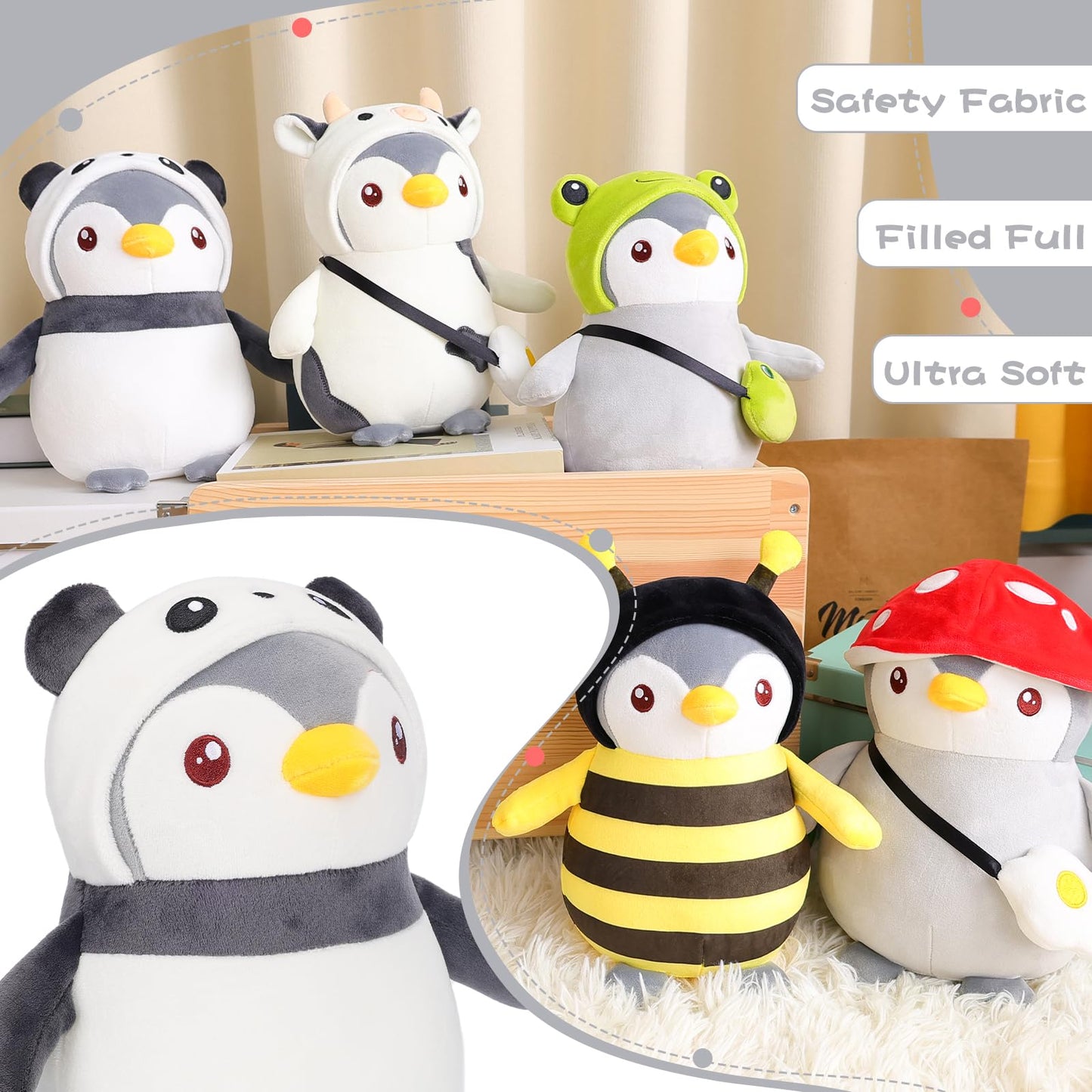 Meleceri Cute Penguin Panda Plush Toy,9.8'' Stuffed Animal With Panda Costume Outfit,Christmas Birthday Gift