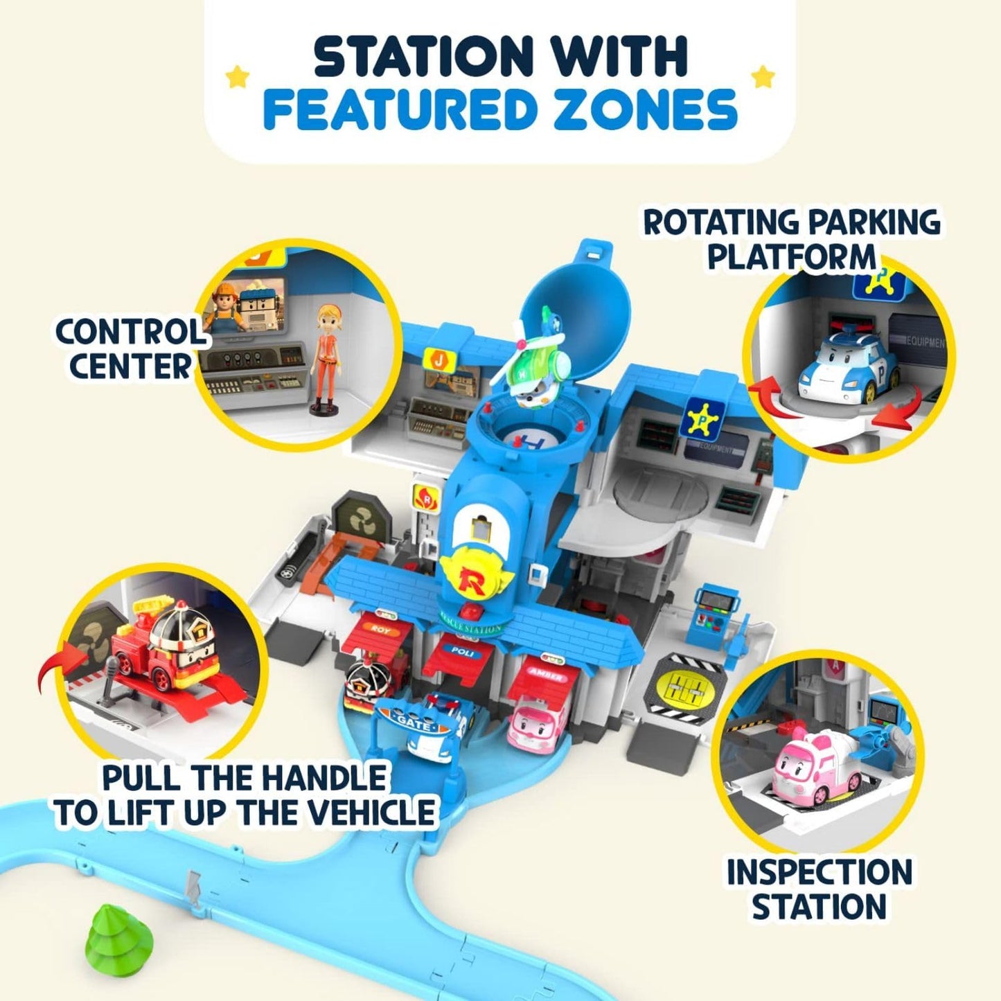 Robocar Poli Transforming Headquarters Playset - Rescue Center Race Track for Diecast Cars, Firetruck Station, Ages 1-5, Plastic