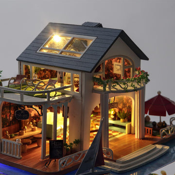 GuDoQi Miniature Dollhouse Kit - 1:24 Scale Beachside Bungalow, Wood, Includes Furniture, Perfect Gift for Birthdays and Christmas