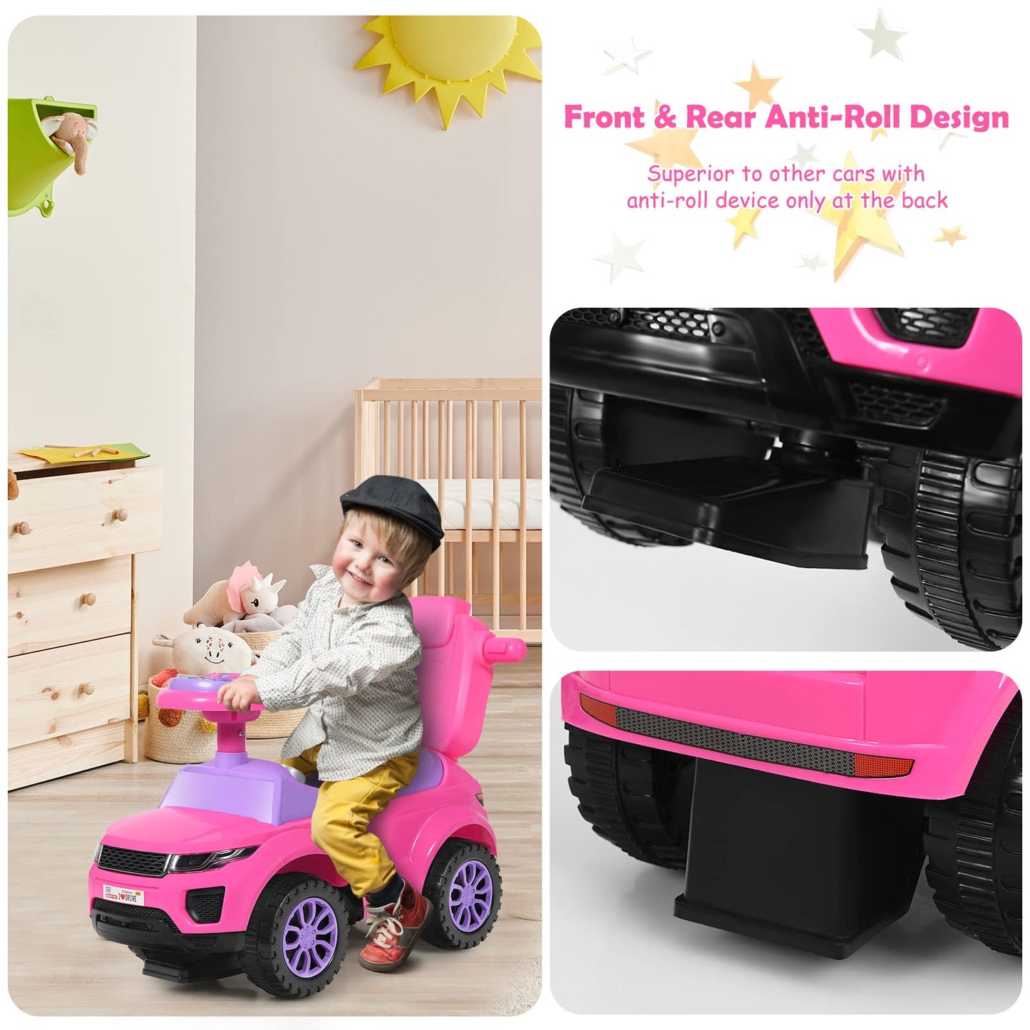 Honey Joy Ride On Push Car, Foot To Floor Ride On Sliding Car Push Handle & Detachable Guardrail, Sound & Lights, Under Seat Storage, Push Cars For Toddlers 1-3, Gift For Kids Boys Girls(Pink)