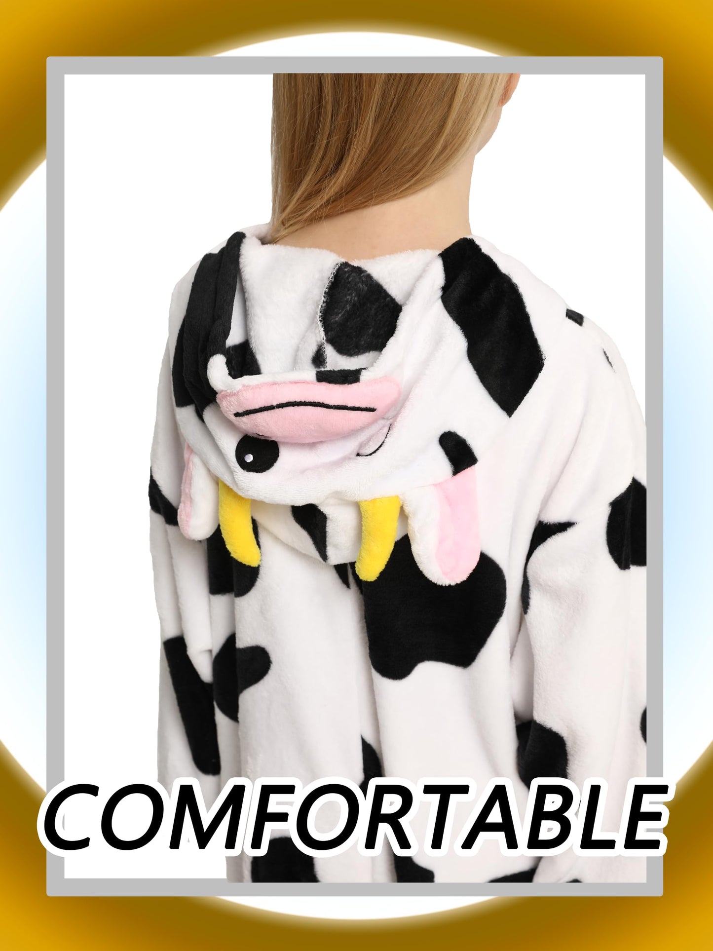 Lonulain Unisex Kids Animal Oneise Pajamas, Boys Girls Flannel Hooded Halloween Cosplay Costume/Homewear/Sleepwear (Cow,5-6 Year