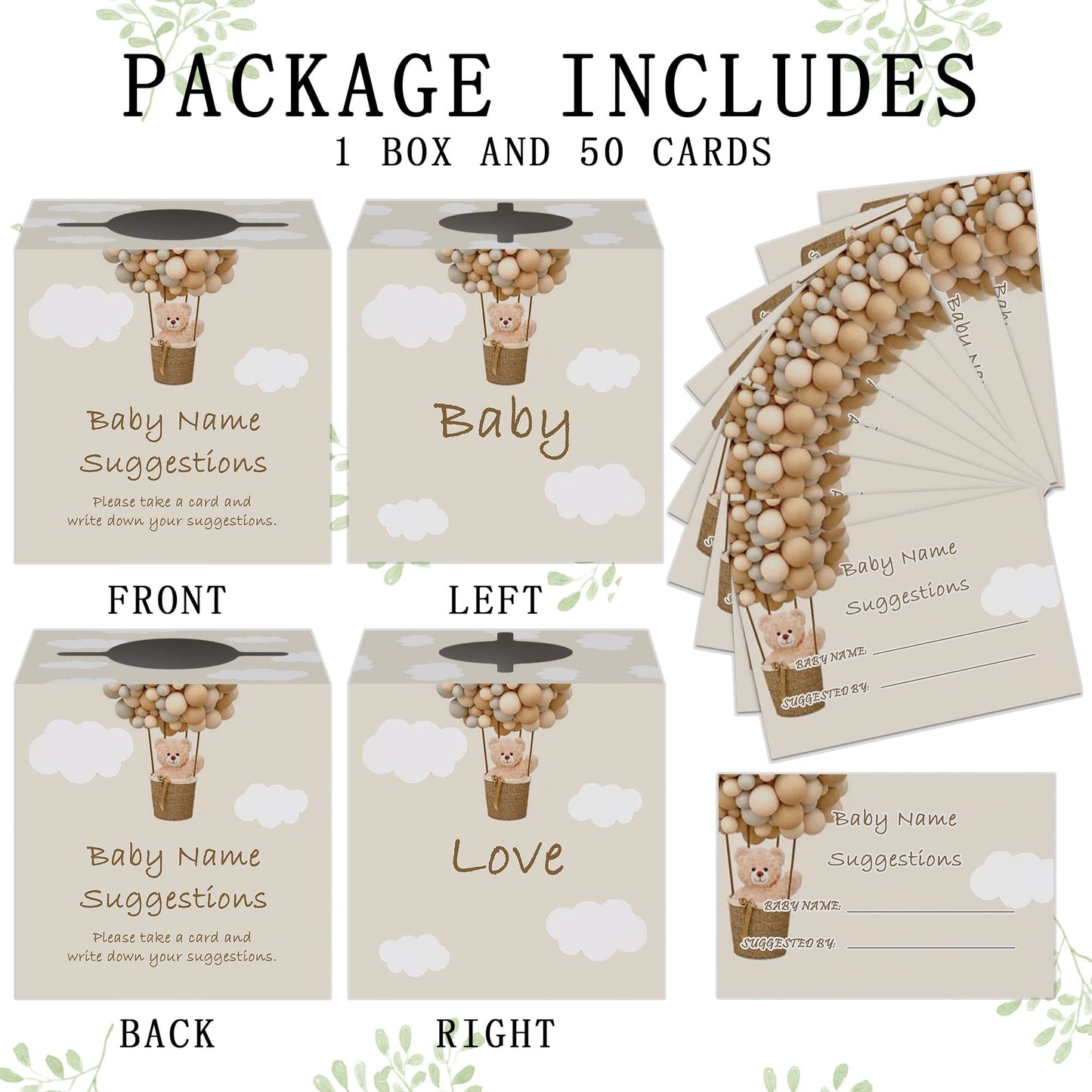 Baby Name Suggestion Cards With Box, Bear Balloon Themed Name Suggestion Tickets For Baby Shower, Baby Shower Games, Party Games