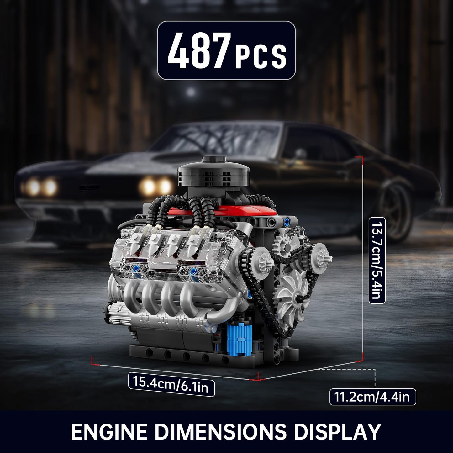 Mould King Mini V8 Engine Kit - 487 Pcs STEM Toy for Teens & Adults, 4.4"x6.1"x5.4", Plastic, Model FT-10171-