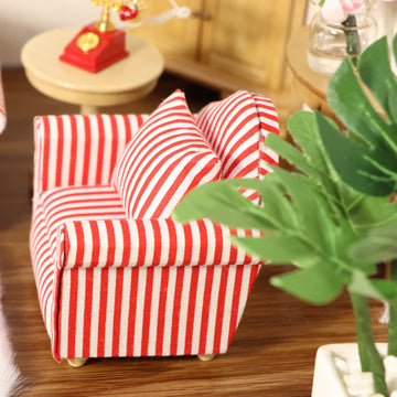 Dollhouse Couch With Pillow 1 12 Scale Miniature Sofa Arm Chair Living Room Furniture Wooden Fabric Frame Single Reading Chair Artificial House Room Scene Decoration (Stripe)