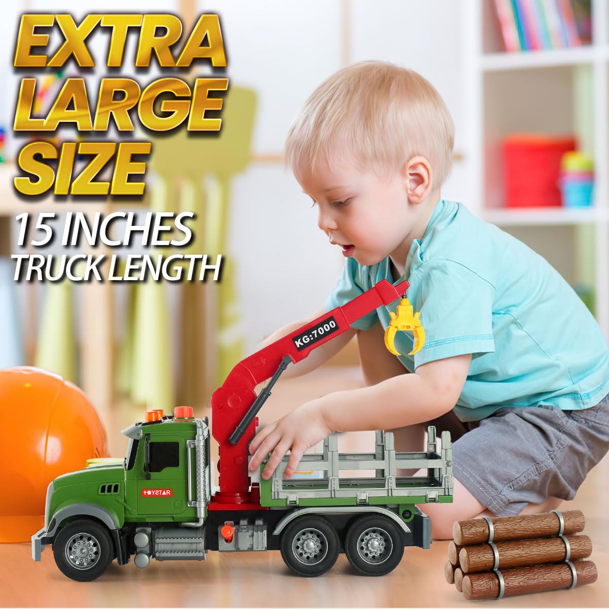 Wenbeier Farm Truck Toy for Kids 15'' Large Timber Truck with Loading Crane and 6 Woods - Log Truck with Sound and Light Gift fo