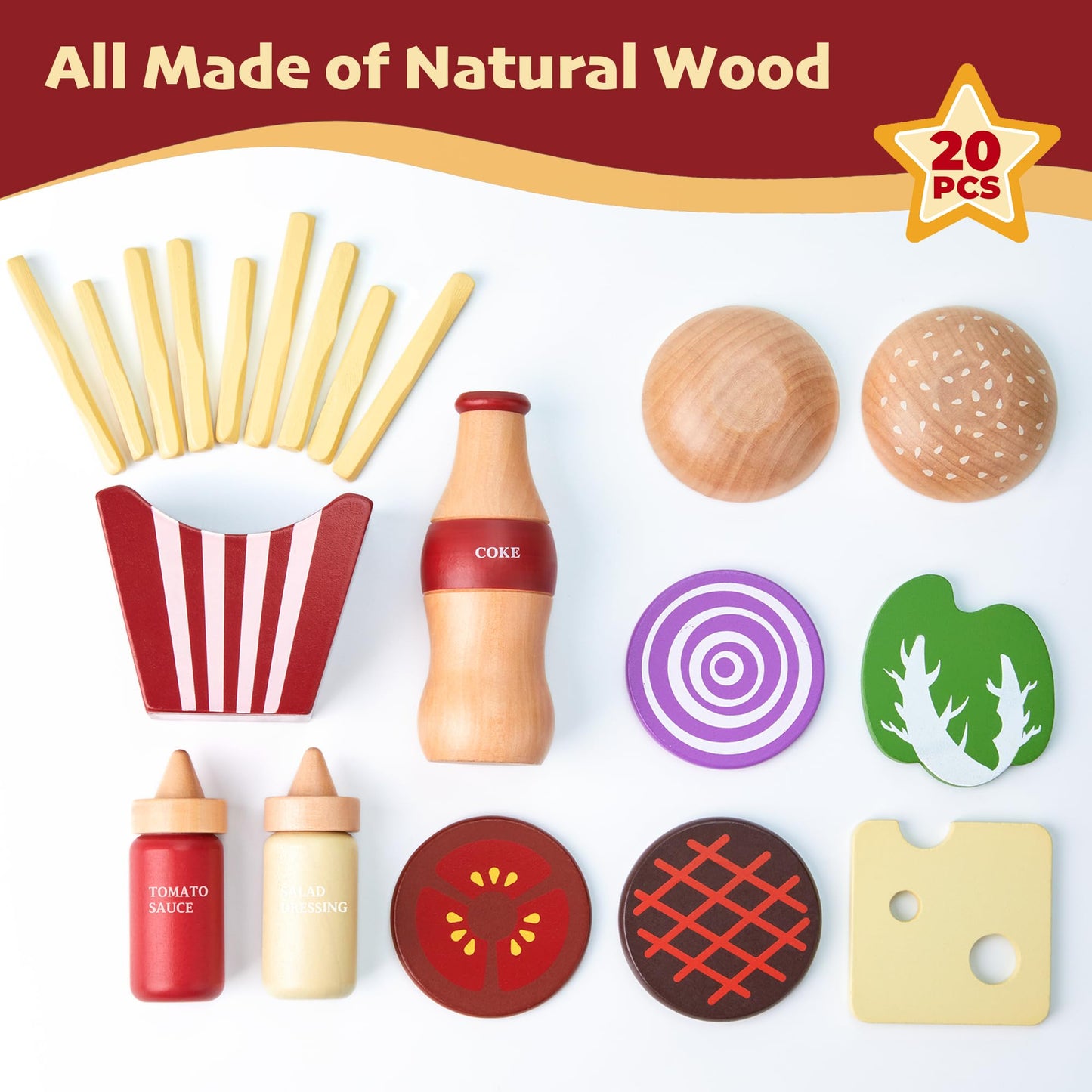 Toywoo Wooden Play Food Set - Pretend Hamburger Fast Food Toy for Kids, Educational Kitchen Accessories, Gift for Boys & Girls, Yellow