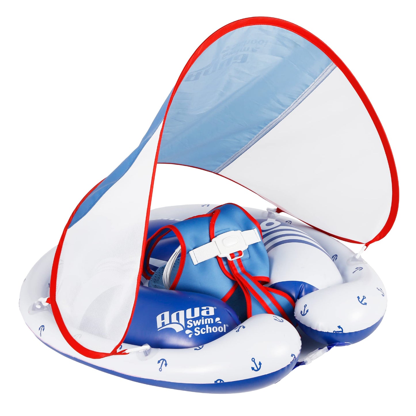 Swimschool Freestyle Swimmer Baby Pool Float With Sunshade Canopy And Multi-Position, Adjustable Safety Seat, Dual Air Chambers Safe, Red-White-Blue Nautical