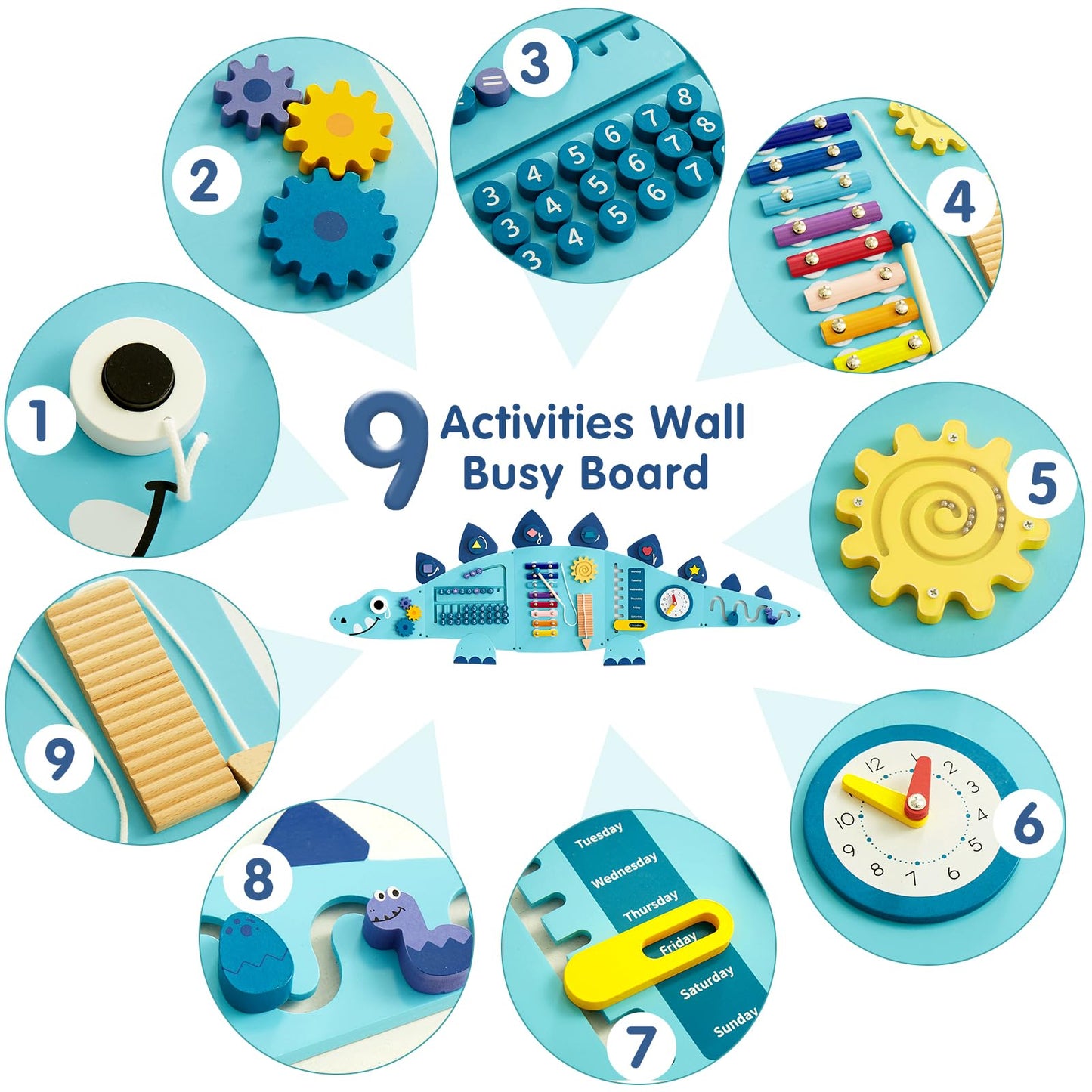 Beright Dinosaur Activity Wall Busy Board Panels, Montessori Sensory Toys, Toddler Learning Activity Center, Perfect For Toddler Playroom & Children'S Daycare, Blue